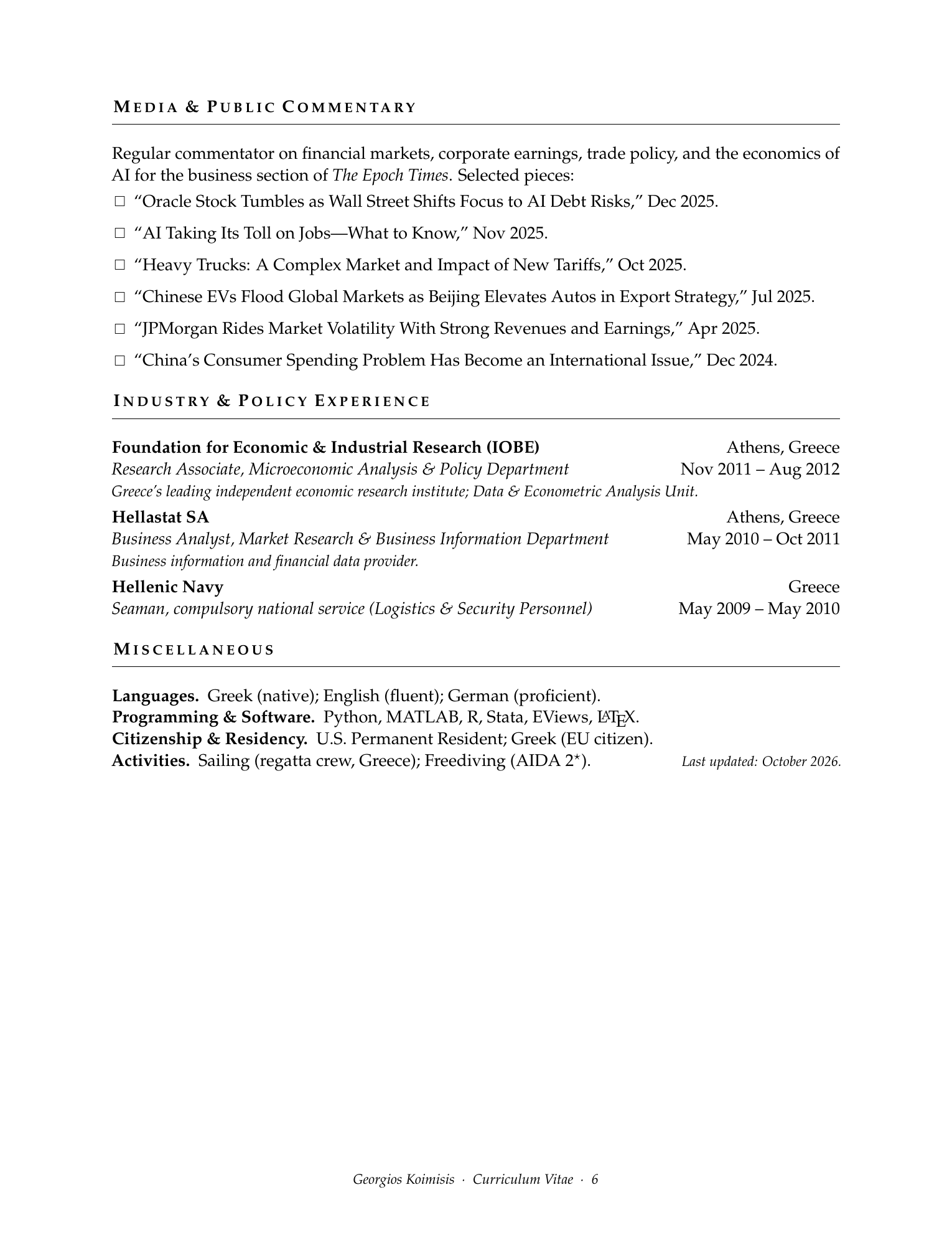 Curriculum vitae of Georgios Koimisis, page 6 of 6